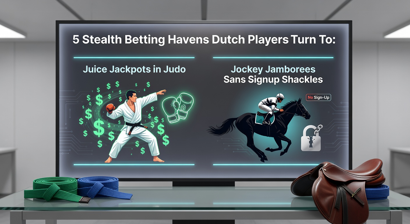 Schaduwrijke gokplatforms met judoka in actie en galopperende paarden, ideaal voor anonieme Nederlandse wedders