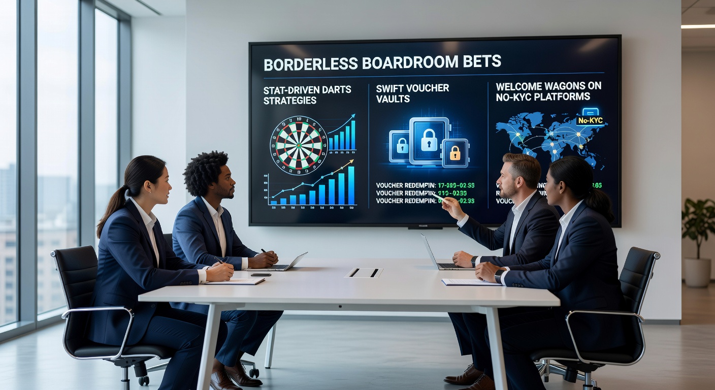 Darts spelers in actie op een internationaal toernooi met statistieken op een scherm, symboliserend data-gedreven strategieën op no-KYC platforms