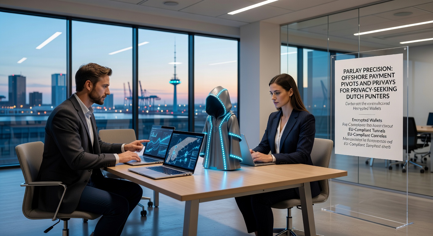 Afbeelding van een digitale cryptocurrency-wallet met offshore betting interfaces, symboliserend anonieme transacties voor Nederlandse wedders