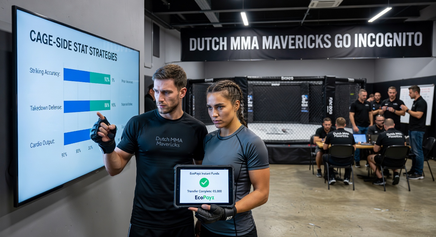 Nederlandse MMA-fans analyseren kooi-actie met EcoPayz-app op offshore platform, snelle stortingen zichtbaar op scherm