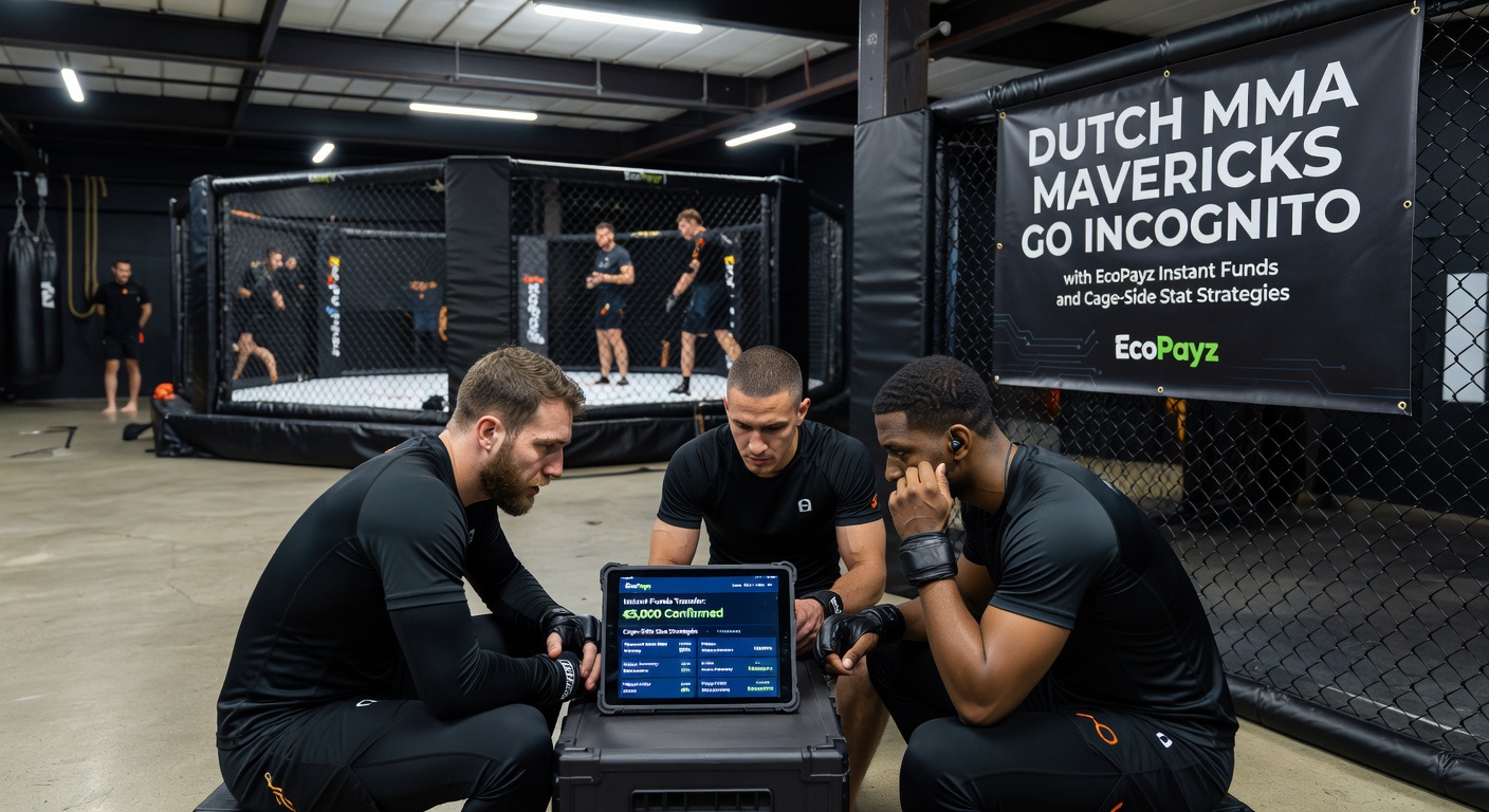 UFC-kooi met statistieken-overlay, EcoPayz-transactie op mobiel naast data-dashboard voor Nederlandse strateeg