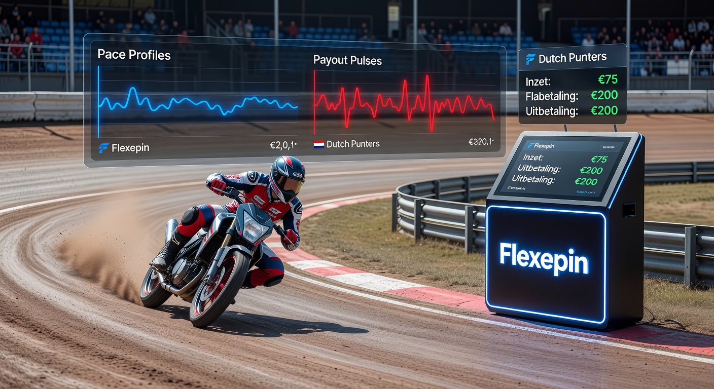 Een flattrack-rijder in volle actie op een vlakke baan, met Flexepin-logo en payout-grafiek op de achtergrond voor Nederlandse platforms