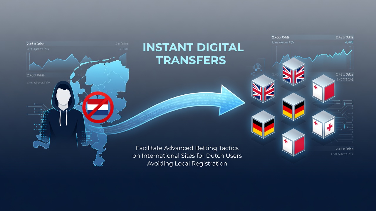 Illustratie van snelle digitale overschrijvingen die geavanceerde tactieken op internationale weddenschapsites ondersteunen