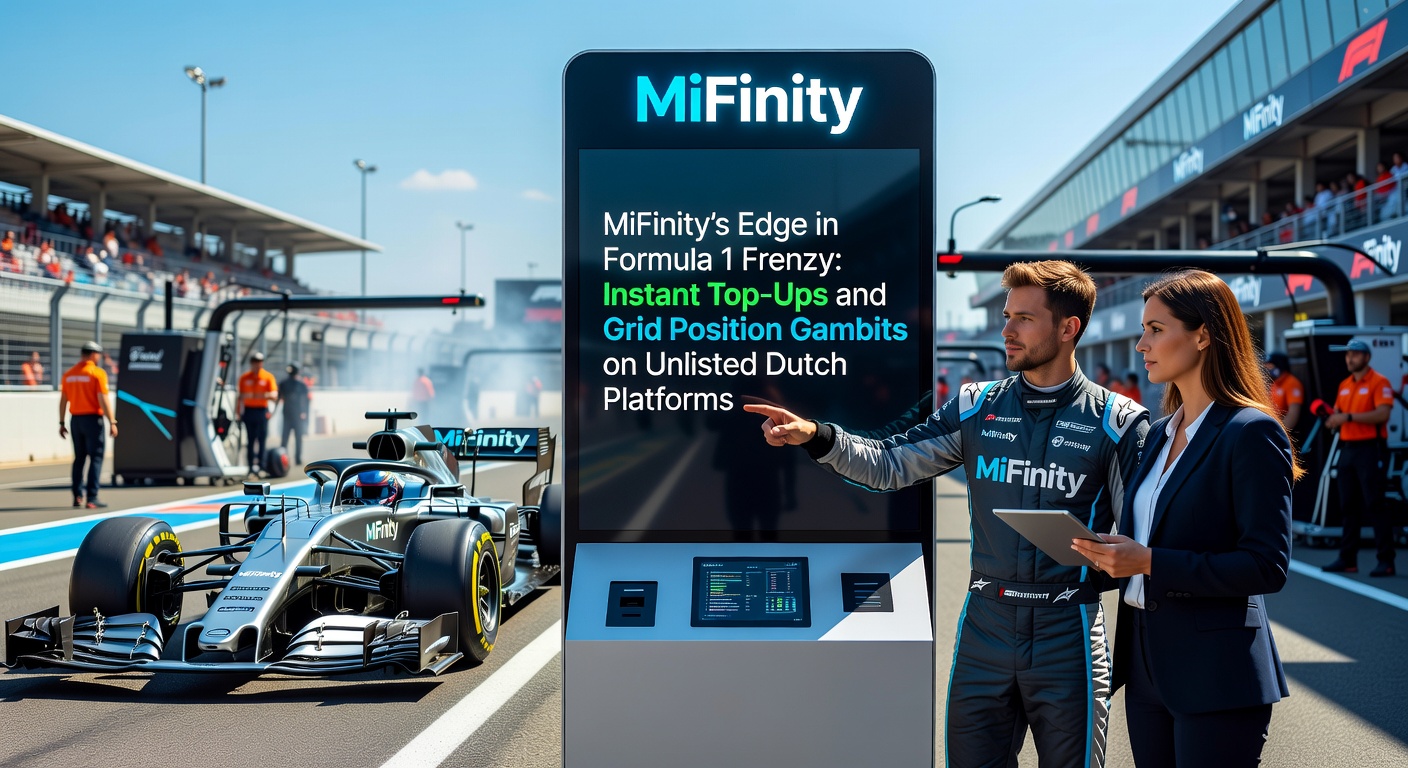 Formule 1-auto's racen over het circuit met MiFinity-logo op een digitaal stortingsscherm op de achtergrond, symboliserend snelle bets tijdens kwalificaties