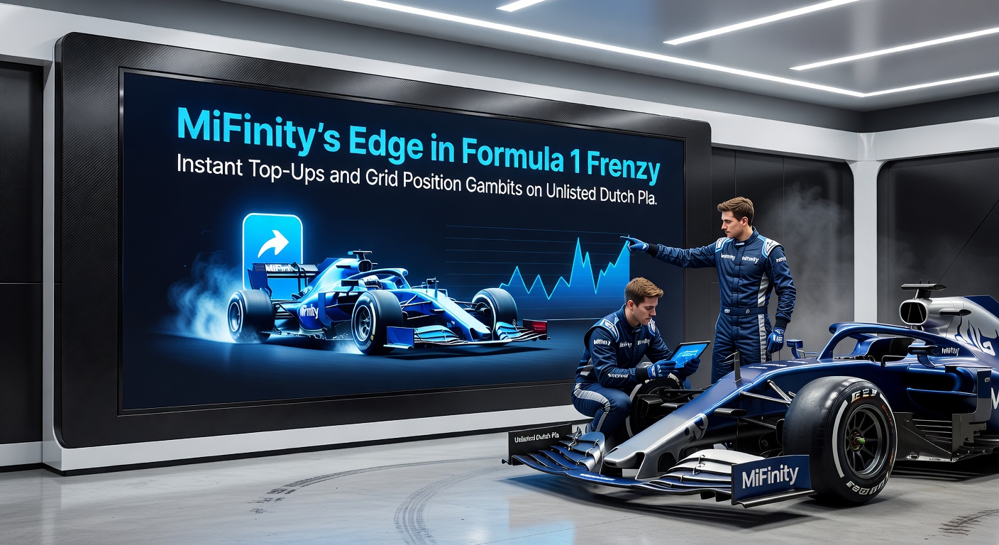 MiFinity-app op een telefoon naast een Formule 1-startgrid met odds-schermen, illustrerend directe stortingen tijdens een kwalificatie