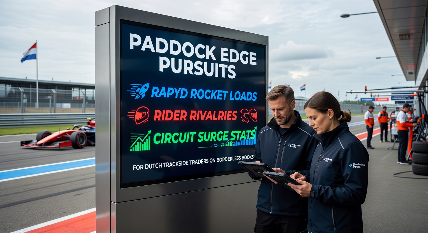 MotoGP-paddock met rijders en teams in actie, typisch tafereel voor trackside traders