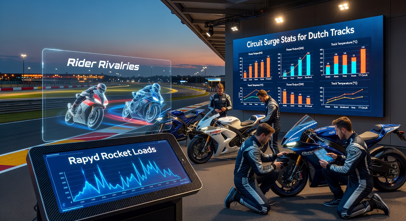 Circuit overzicht met MotoGP-rijders in volle actie, highlight van rivaliteiten en statistiekpieken