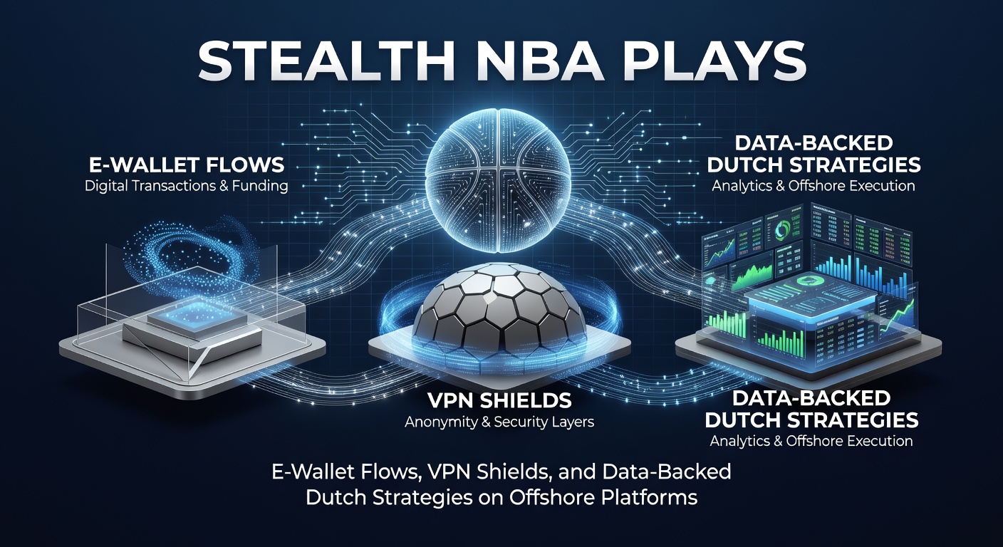 NBA-speler dribbelt intensief over het veld terwijl odds en e-wallet iconen op de achtergrond flitsen, symboliserend stealth betting strategieën