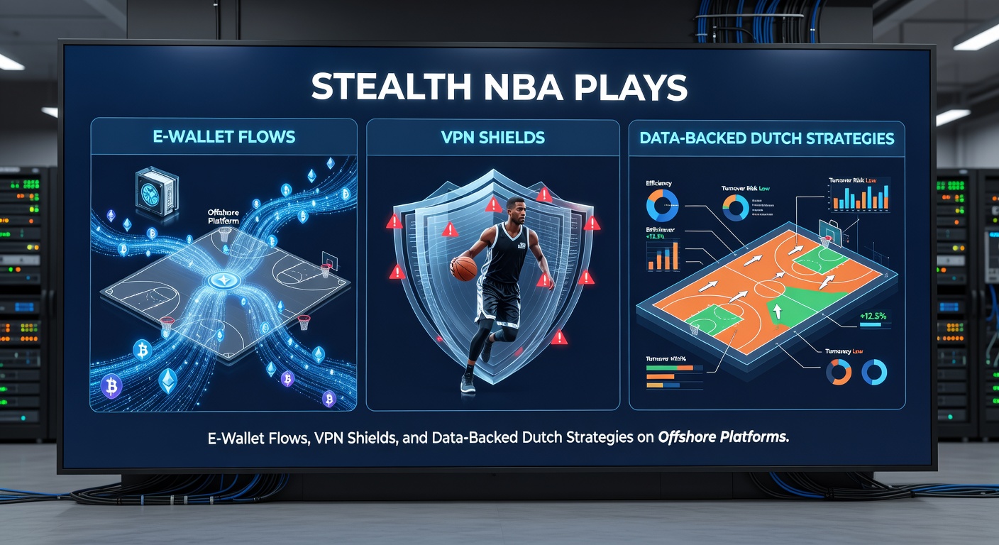 VPN-shield icoon beschermt een Nederlandse vlag met NBA-court op de achtergrond, illustrerend hoe punters locaties verbergen voor offshore betting