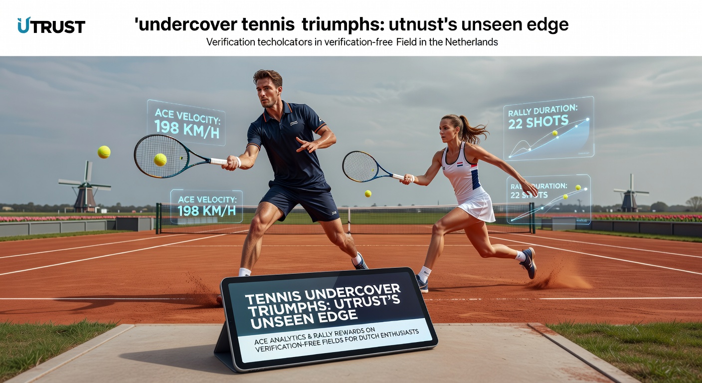 Tennisspeler serveert een ace op een verification-free platform, met Utrust-logo op de achtergrond voor Nederlandse fans